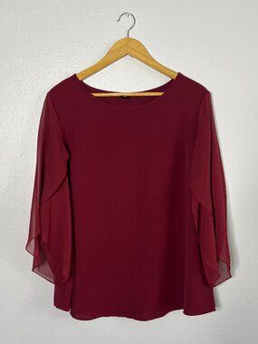 Womens Burgundy Blouse Tunic Top Flutter Sleeve Summer Plus Size 1XL